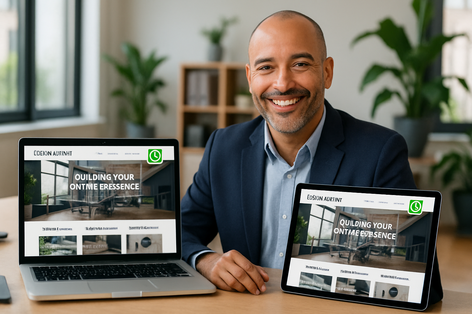 Empresario feliz con página web profesional en laptop y tablet